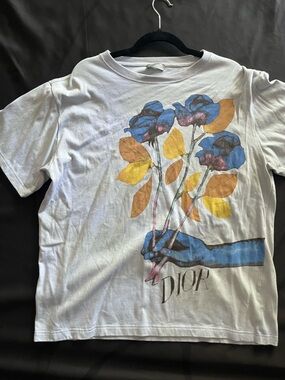 Dior White Tee with Blue Hand & Yellow Floral Print